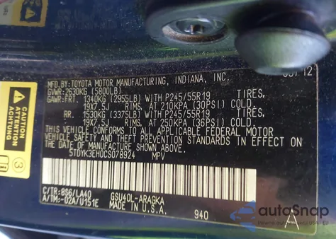 2012 Toyota Highlander Limited V6 z USA, uszkodzony, nr VIN 5TDYK3EH0CS078924